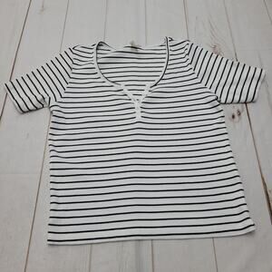 Pact black and white striped ribbed henley button short sleeve shirt top